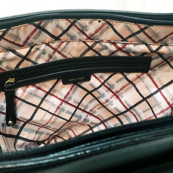 Nine West Black Satchel Handbag Purse Grommets Double Strap Bottom Stud 10" - Picture 4 of 9